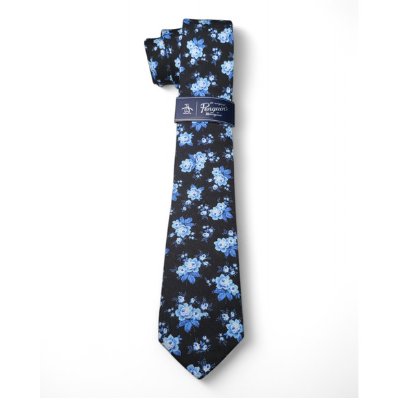 NWT ORIGINAL PENGUIN Men's Dogwood‎ Floral Cotton Woven Skinny Tie Black Blue - Picture 1 of 8